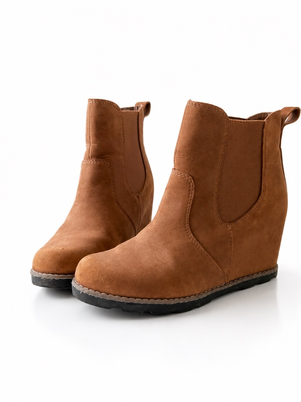 Chelsea Women’s Brown Suede Ankle Boots, Round Toe Slip On, Size 7.5